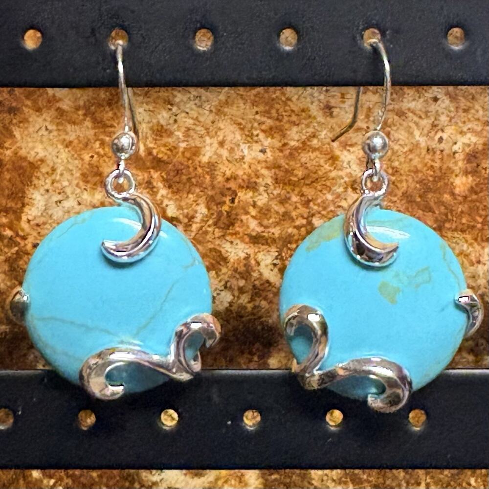 Sterling Silver & Turquoise Howlite Earrings Scrolling Dangle/Drop